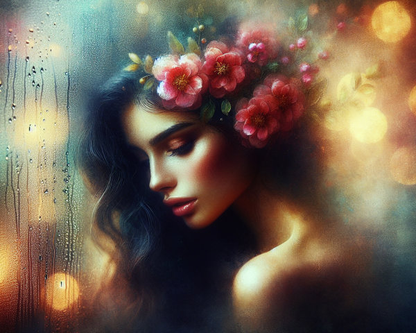 Soft-Focus Portrait of Woman with Flowers and Bokeh