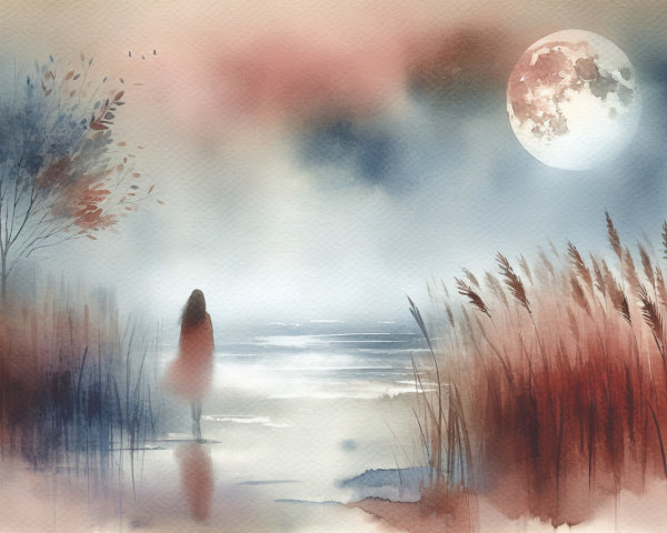 Watercolor Scene of Figure by Tranquil Shoreline