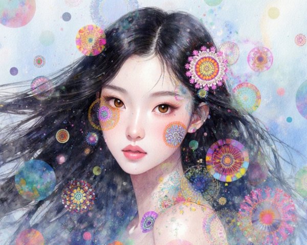 Portrait of a Young Woman with Black Hair and Colors
