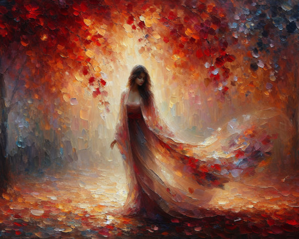 Woman in Red Gown in Autumn Forest Scene
