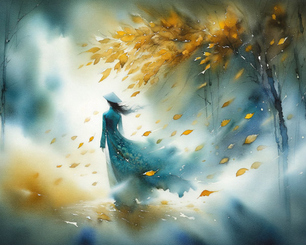Ethereal Figure Surrounded by Autumn Leaves and Mist