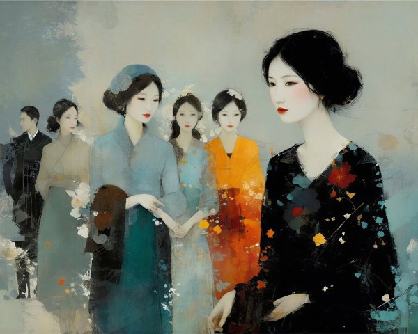 Textured painting of seven East Asian women in kimonos