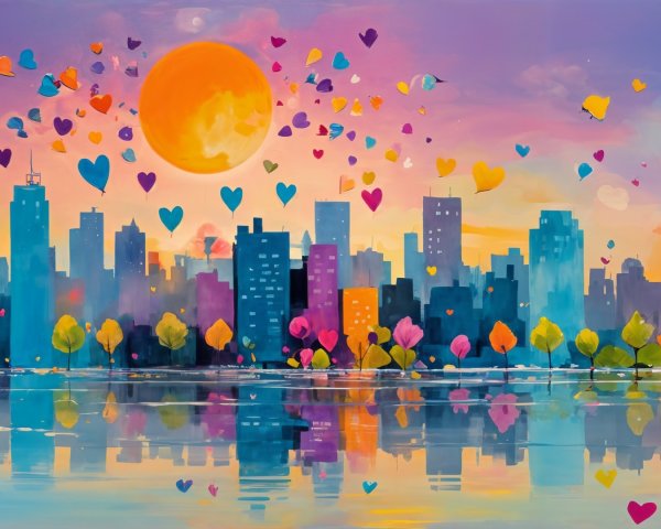 Vibrant Sunset Over Colorful City Skyline and Water