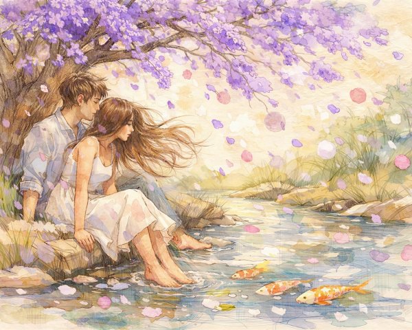Watercolor Painting of Couple by a Stream Under Trees