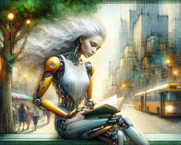 Humanoid Robot Reading on a Window Ledge in Cityscape