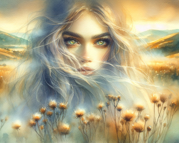 Watercolor Painting of a Dreamy Young Woman in Nature