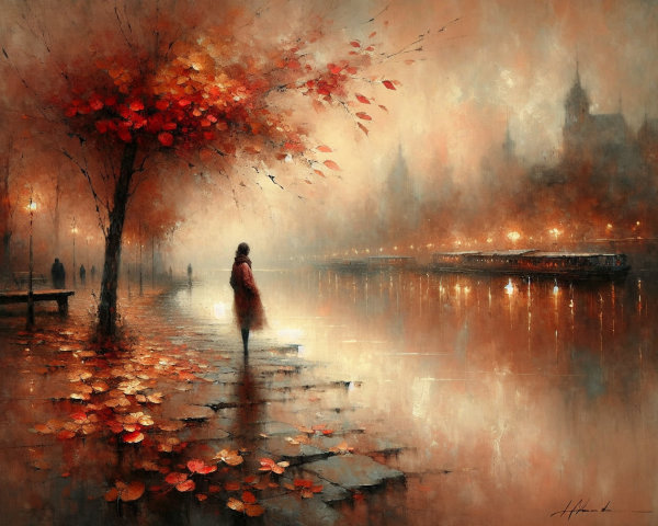 Solitary Figure by Misty Riverside in Autumn Hues
