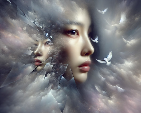 Surreal Woman's Face in Shattered Glass and Clouds
