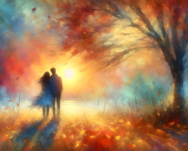 Impressionistic Scene of Couple at Sunset in Autumn