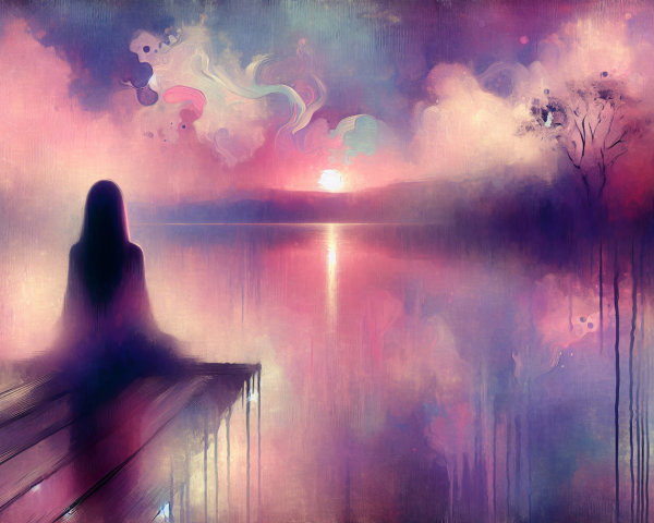 Serene figure at dock by reflective lake at sunset