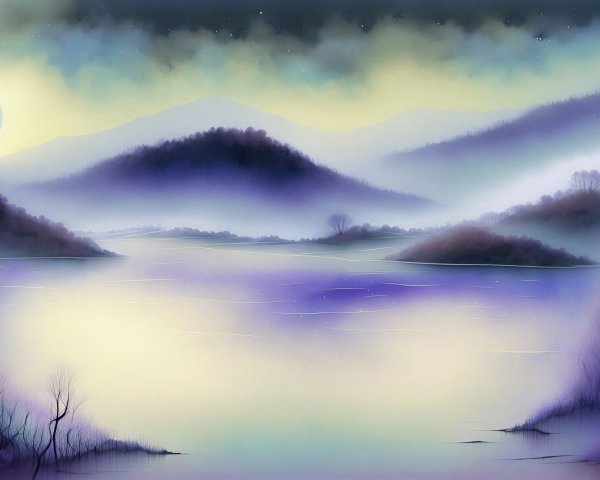 Serene Landscape Painting of Mountains and Lake at Night