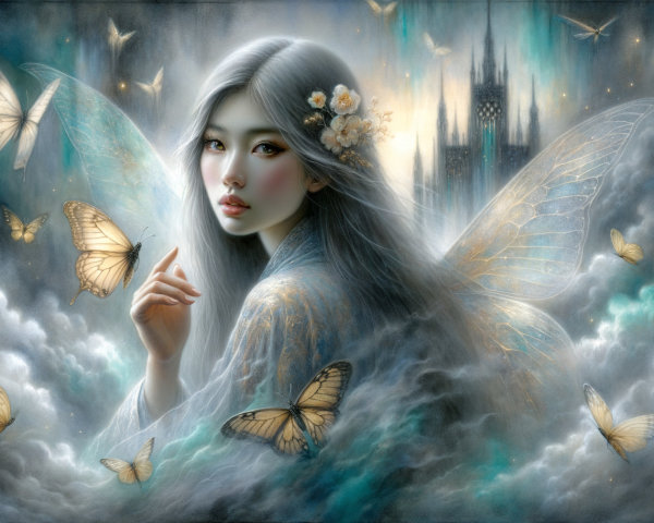 Mystical fairy in shimmering gown amidst ethereal butterflies