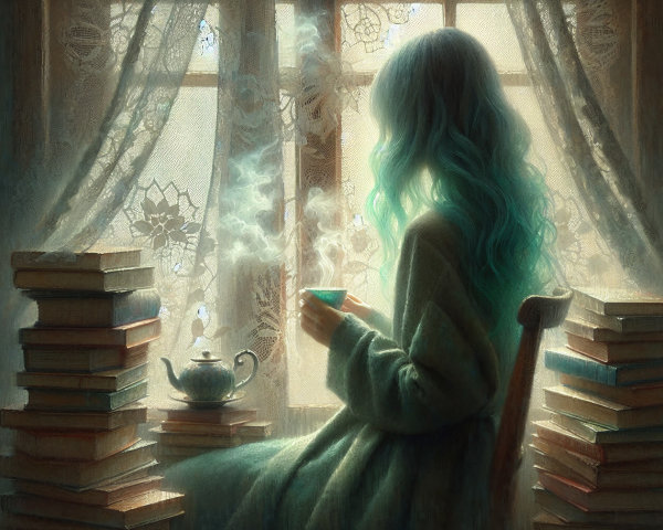 Tranquil Reading Nook with Teal-Haired Figure
