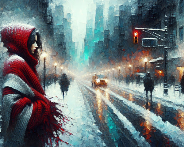 Snowy Urban Scene with Woman in Red Hooded Scarf