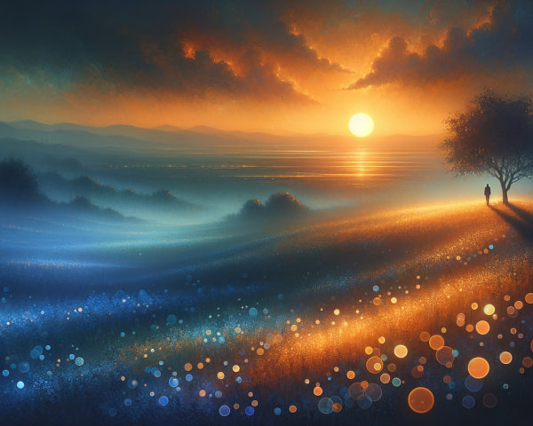 Serene Sunset Landscape with Rolling Hills and Tree