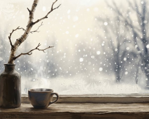 Cozy Winter Scene with Snowstorm Outside a Window