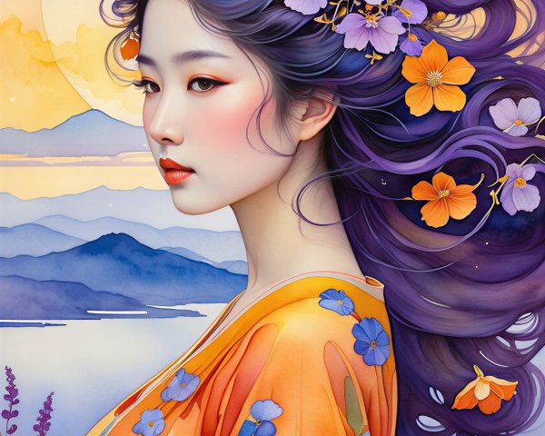 Serene Young Woman in Orange Kimono with Flowers
