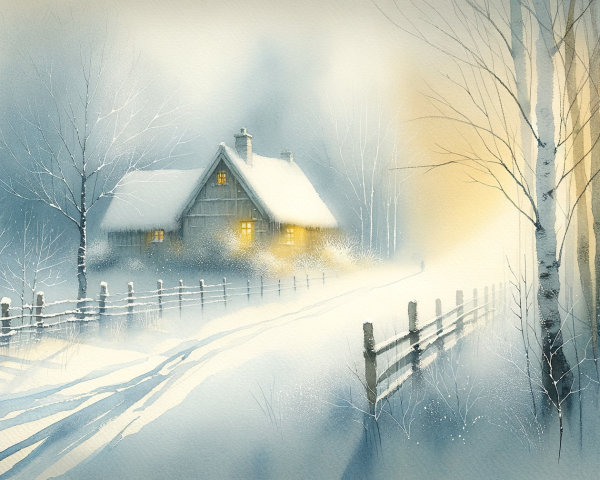 Winter Landscape with Cottage and Snowy Ambiance
