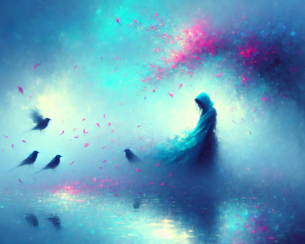 Ethereal Scene with Cloaked Figure by Tranquil Water