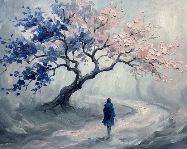 Oil Painting of Split Tree with Colorful Flowers