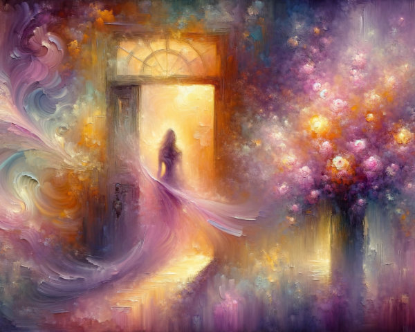 Ethereal Figure in Golden Light with Abstract Flowers