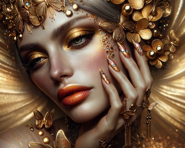 Glamorous Figure with Golden Butterfly Crown and Jewelry