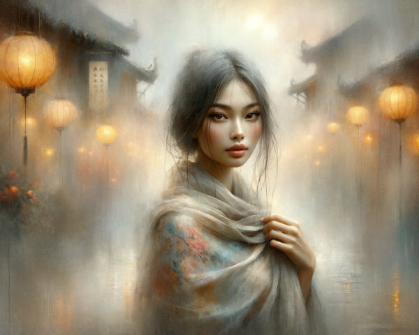 Serene Woman in Misty Street with Lanterns and Architecture