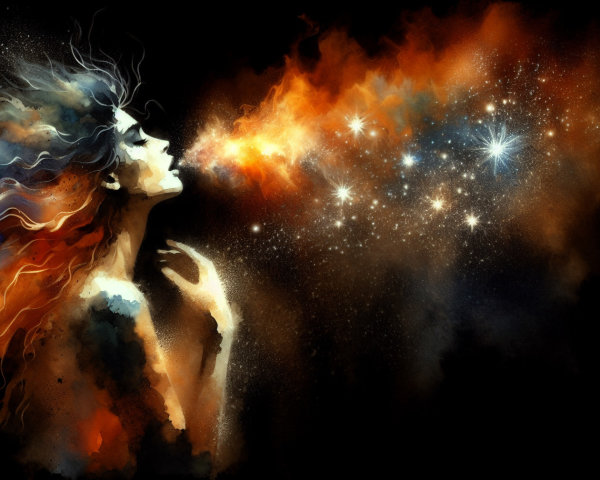 Woman with Vibrant Hair Exhaling Cosmic Colors