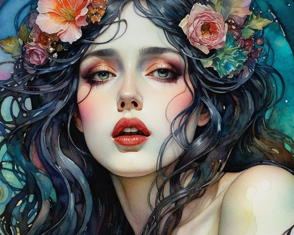 Portrait of a Young Woman with Flowers and Swirling Colors