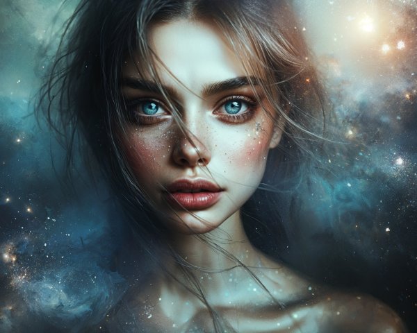Portrait of a woman with blue eyes in cosmic setting