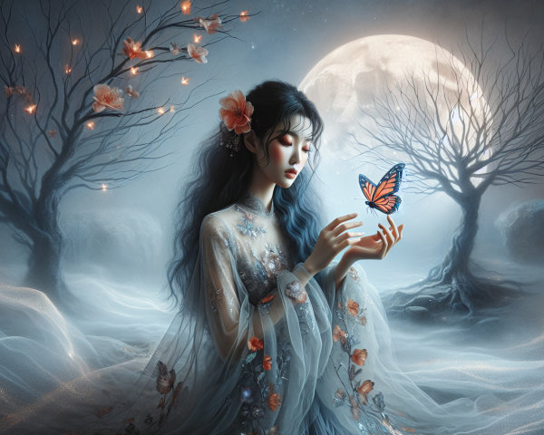 Young Woman in Ethereal Gown in Mystical Landscape
