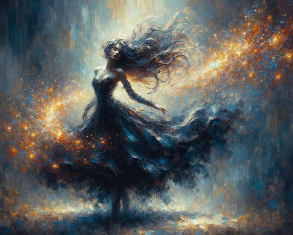 Galactic Dress and Stardust Hair in Cosmic Scene