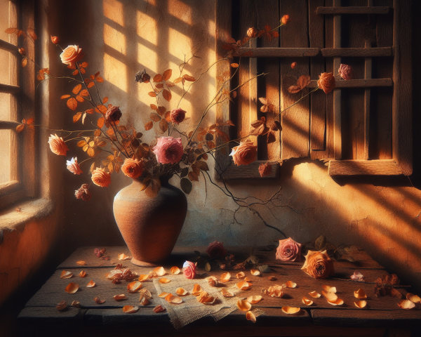 Rustic Vase with Roses on Weathered Wooden Table