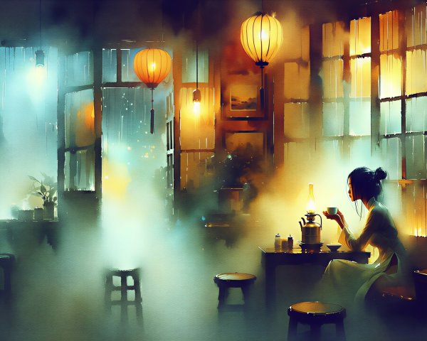 Woman in Traditional Attire in a Warmly Lit Room