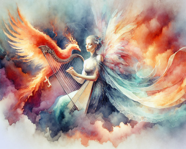 Ethereal figure with harp in vibrant colors and wings