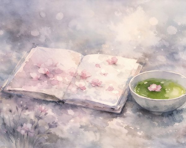 Watercolor Scene of Book and Cherry Blossoms with Tea