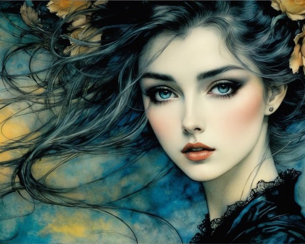 Watercolor Painting of Woman with Blue-Black Hair