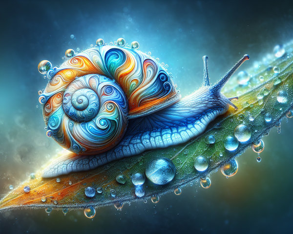 Colorful Snail on Leaf with Water Droplets and Light