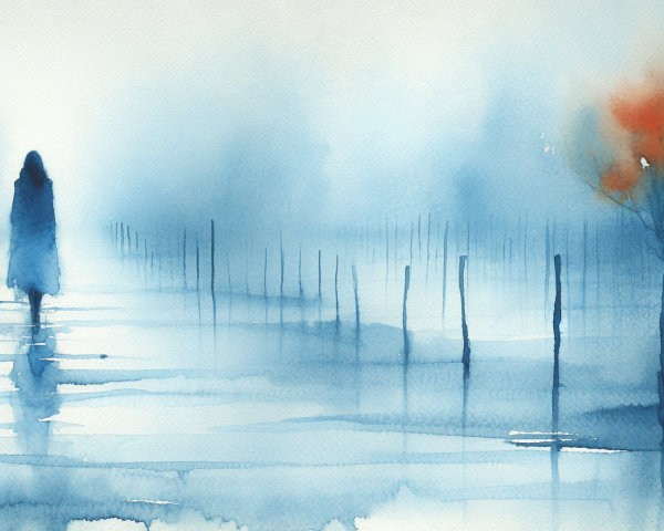 Solitary Figure in Misty Landscape with Water Reflection