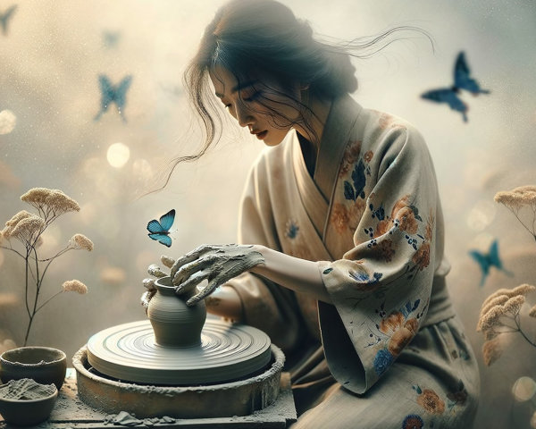 Woman in Kimono Shaping Clay with Butterflies Nearby