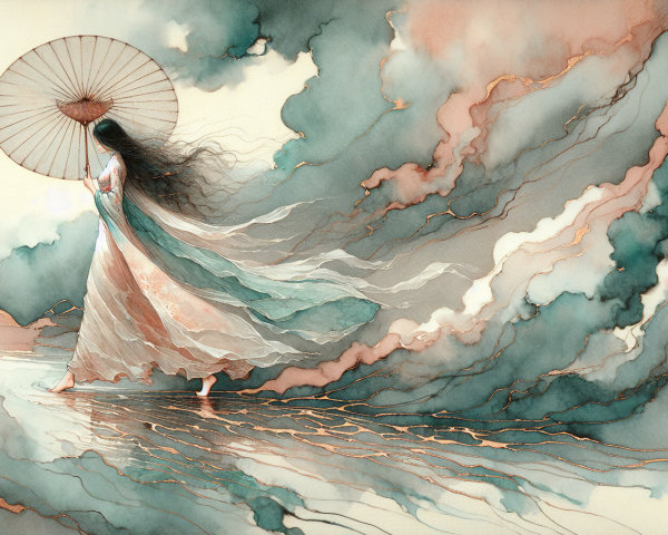 Serene figure on winding path with delicate parasol