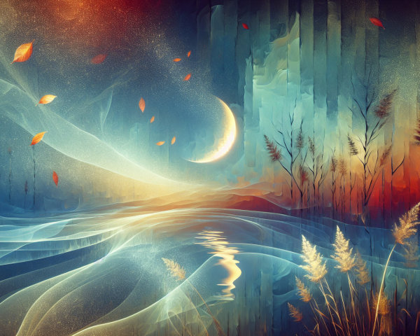 Dreamy Landscape with Soft Colors and Crescent Moon