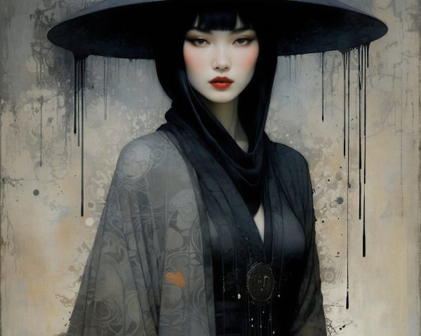 Mysterious Figure in Black Hat Against Textured Backdrop