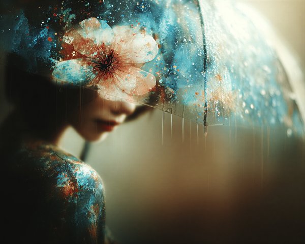 Ethereal Portrait with Floral Umbrella and Raindrops