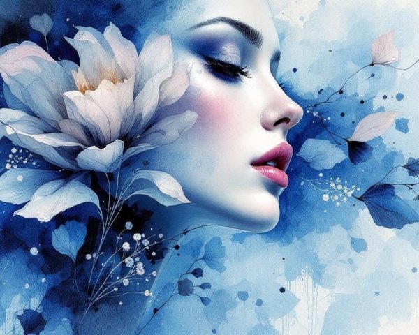 Delicate Woman's Profile with Floral and Blue Hues
