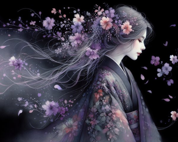 Portrait of a woman in a kimono with cherry blossoms