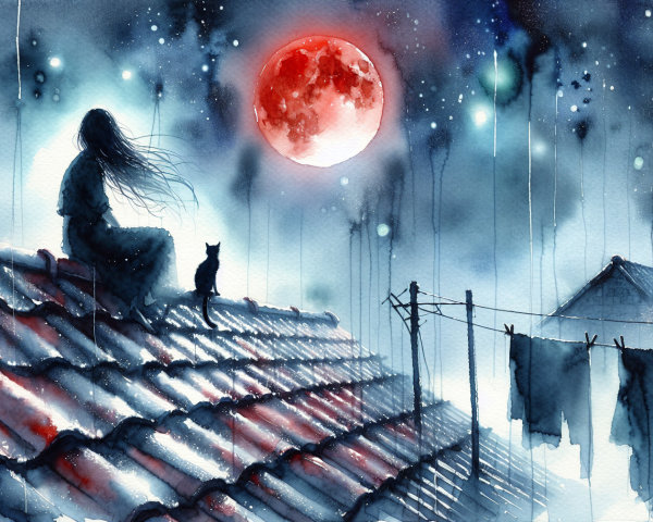 Silhouetted Figure and Cat Under a Red Moon Night Scene