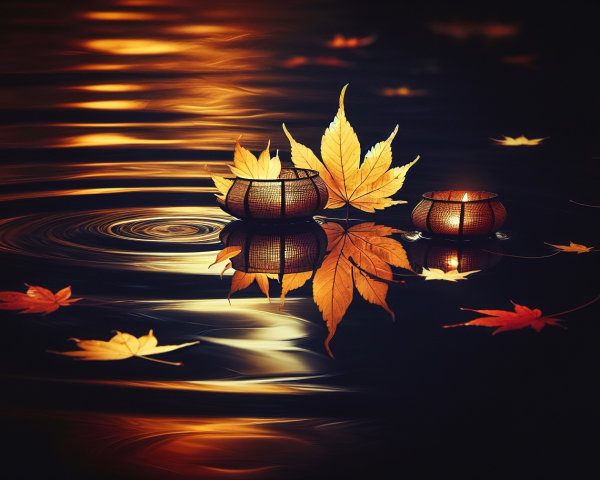 Serene Water with Lanterns and Autumn Leaves