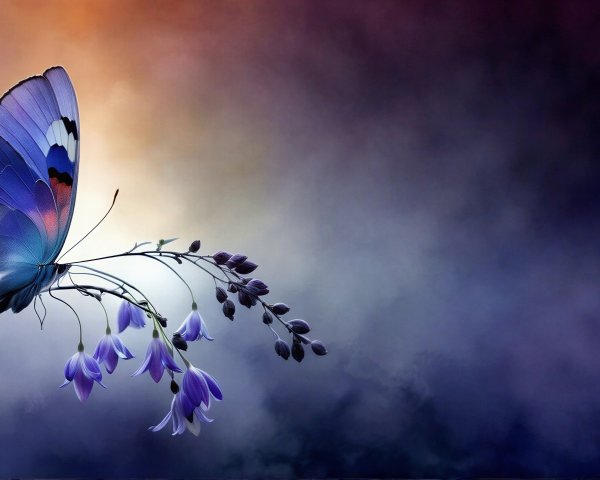 Blue Butterfly on Branch with Purple Flowers