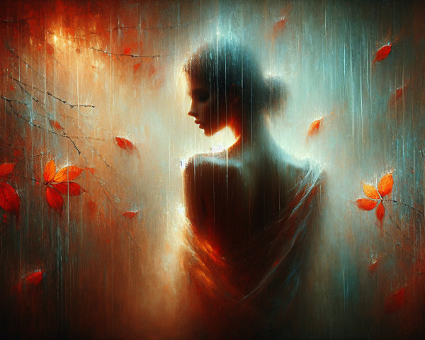 Silhouette of a Woman with Autumn Leaves Background